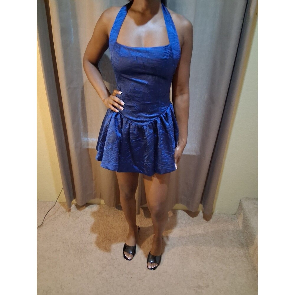 Luxxel Lexi Mini Dress Blue Satin Halter Tie Sleeveless Short Solid Size M